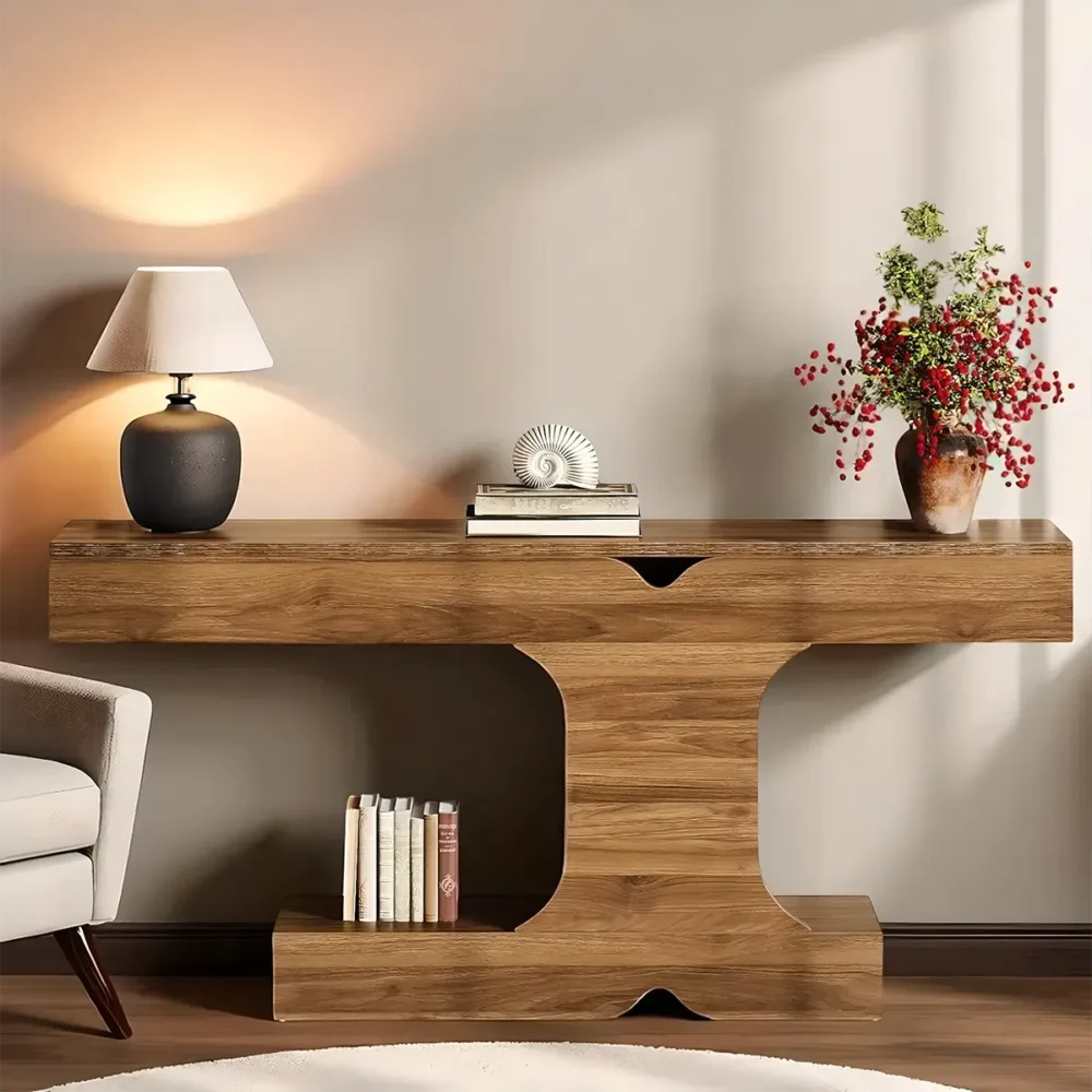 Console Table 63 Inch Modern T Shape With Shelf - Image 2