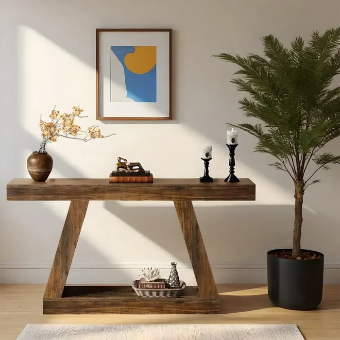 Entryway Table Rustic Walnut V Leg With Lower Shelves