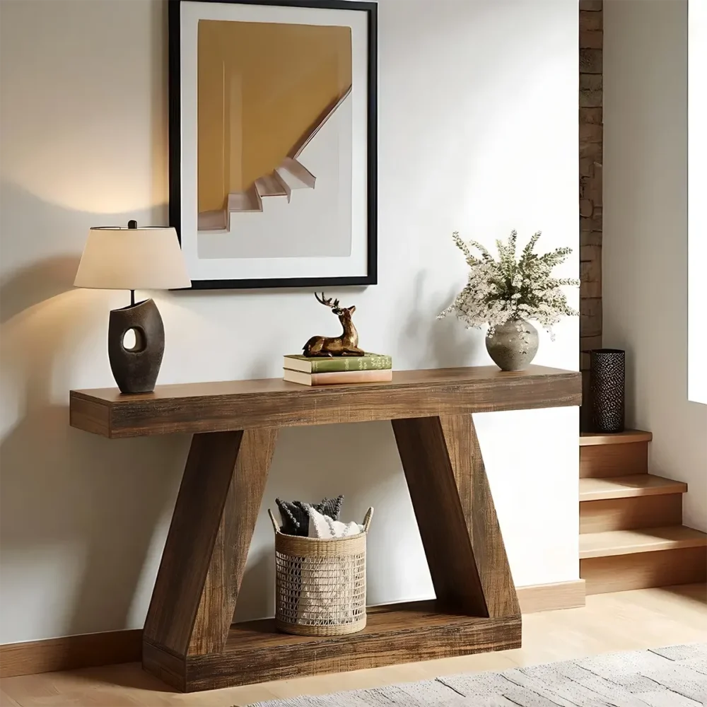 Entryway Table Rustic Walnut V Leg With Lower Shelves - Image 2