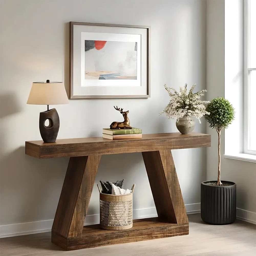 Entryway Table Rustic Walnut V Leg With Lower Shelves - Image 3