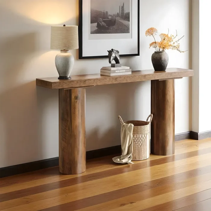 Console Table Natural Wood Round Pillar Legs Modern