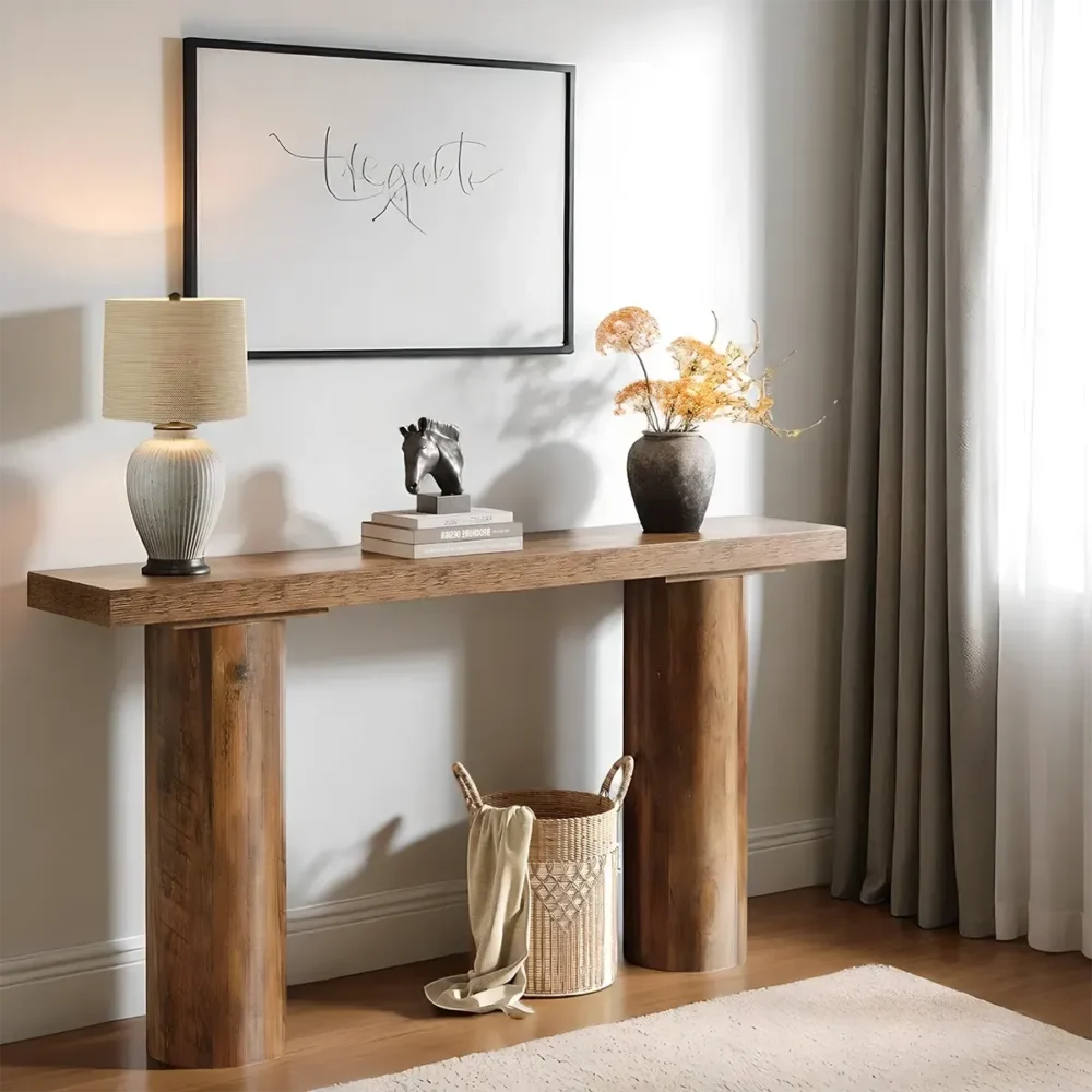 Console Table Natural Wood Round Pillar Legs Modern - Image 2