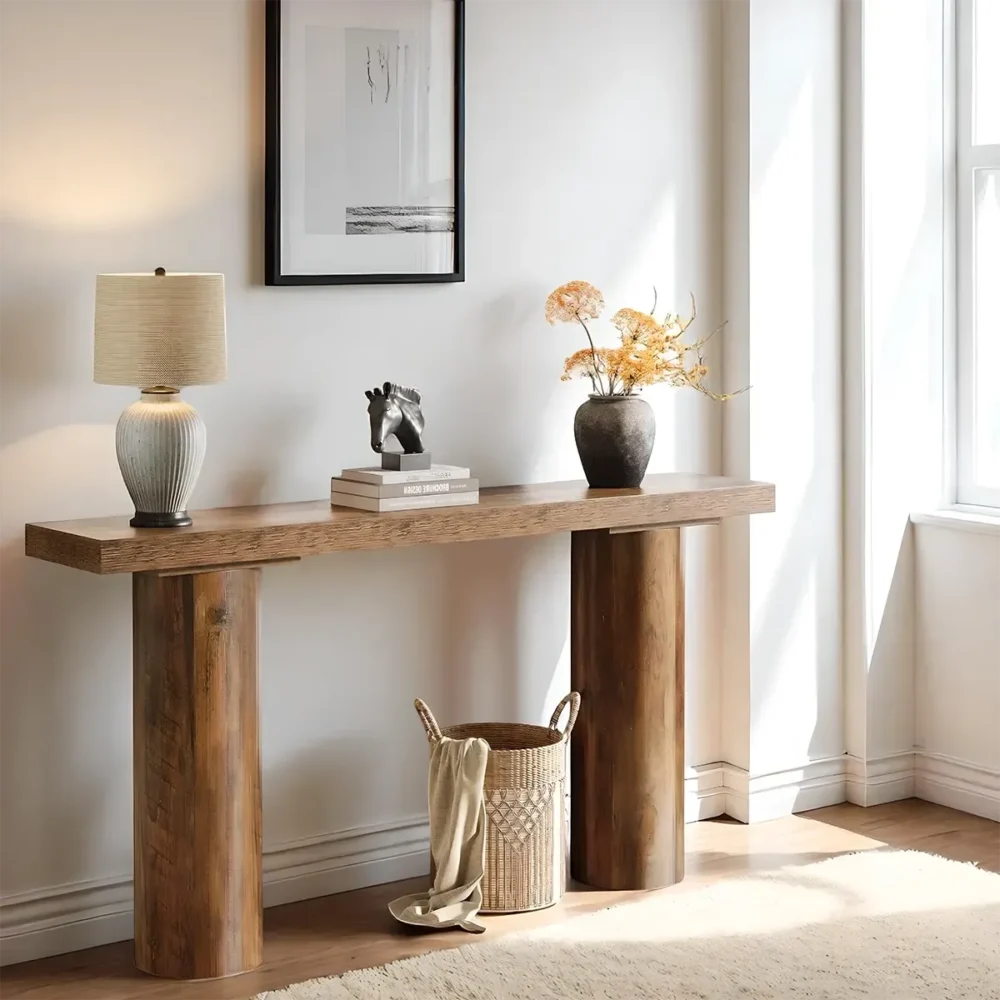 Console Table Natural Wood Round Pillar Legs Modern - Image 3