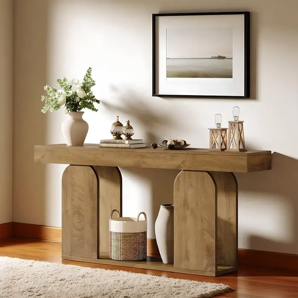 Hallway Table Oak Curved Leg Aesthetic Modern - Image 2
