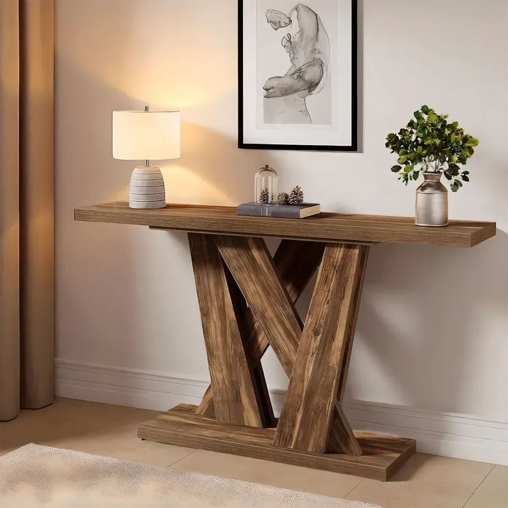 Console Table Rustic Cross Leg Brown Wood Refined