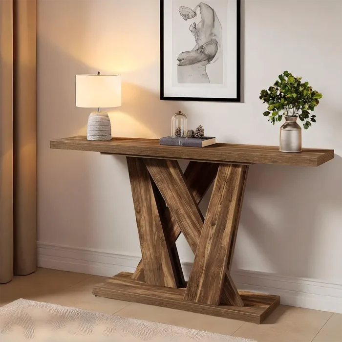 Console Table Rustic Cross Leg Brown Wood Refined