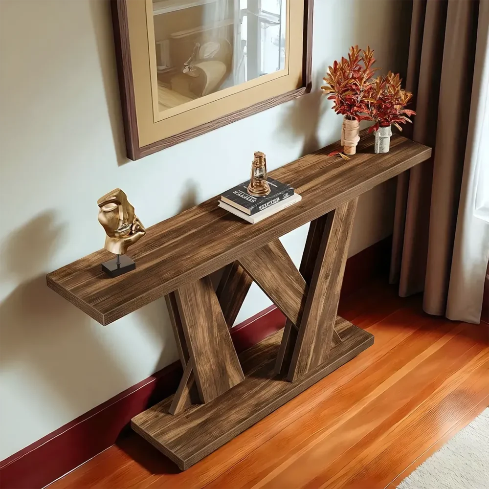 Console Table Rustic Cross Leg Brown Wood Refined - Image 2