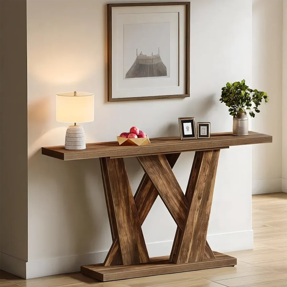 Console Table Rustic Cross Leg Brown Wood Refined - Image 3