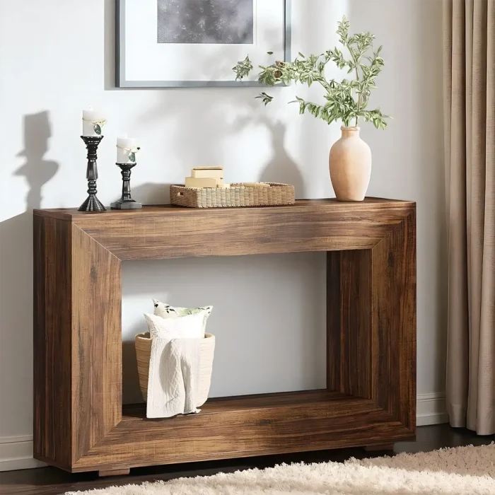 Console Table Rustic Wood Open Frame With Bottom Shelf
